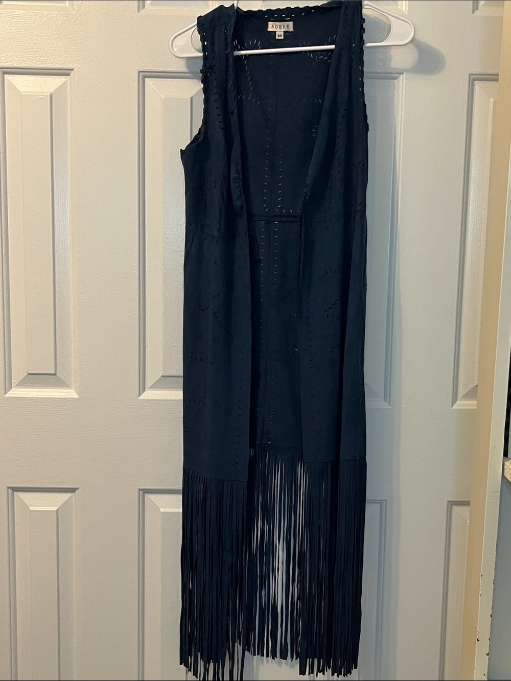 Adore Blue Faux Suede‎ Laser Cut Long Fringe Vest Boho Western Festival Size M